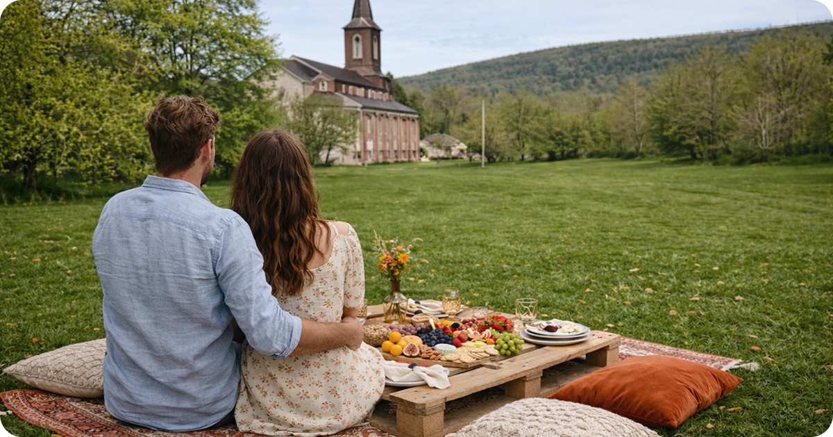 Couple enjoying a romantic picnic with view of Moulin de Ruy church